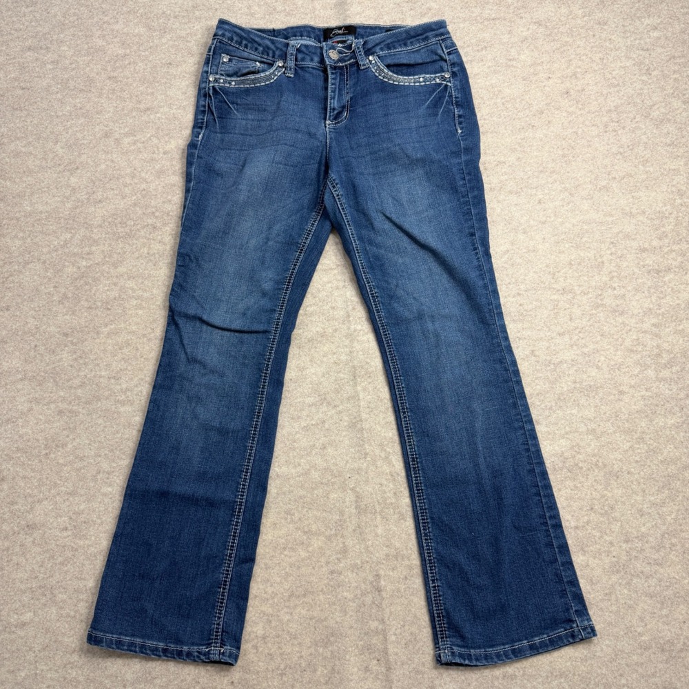 Earl Jean Slim Boot Medium Wash Rhinestone Embellished Petite Low Rise Jeans 8P